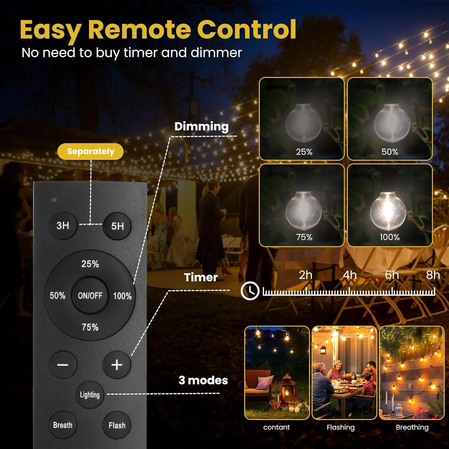100FT Solar String Lights Outdoor Waterproof with Remote, G40 Solar Powered String Lights with 30 2 LED Shatterproof Bulbs, Dimmable Solar Patio Hanging Lights for Outside Backyard Party