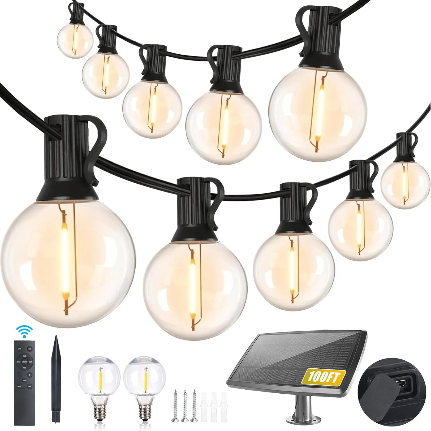 100FT Solar String Lights Outdoor Waterproof with Remote, G40 Solar Powered String Lights with 30 2 LED Shatterproof Bulbs, Dimmable Solar Patio Hanging Lights for Outside Backyard Party