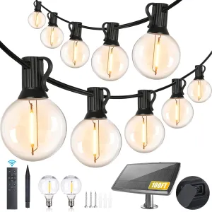 100FT Solar String Lights Outdoor Waterproof with Remote, G40 Solar Powered String Lights with 30 2 LED Shatterproof Bulbs, Dimmable Solar Patio Hanging Lights for Outside Backyard Party