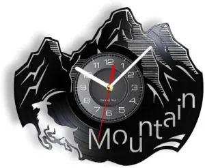 12 inch Vinyl Wall Clock Mountain Range Rest Time Camping Vinyl Record Wall Clock Decor Room Nature Landscape Hiking Wild Animal Watch, Black