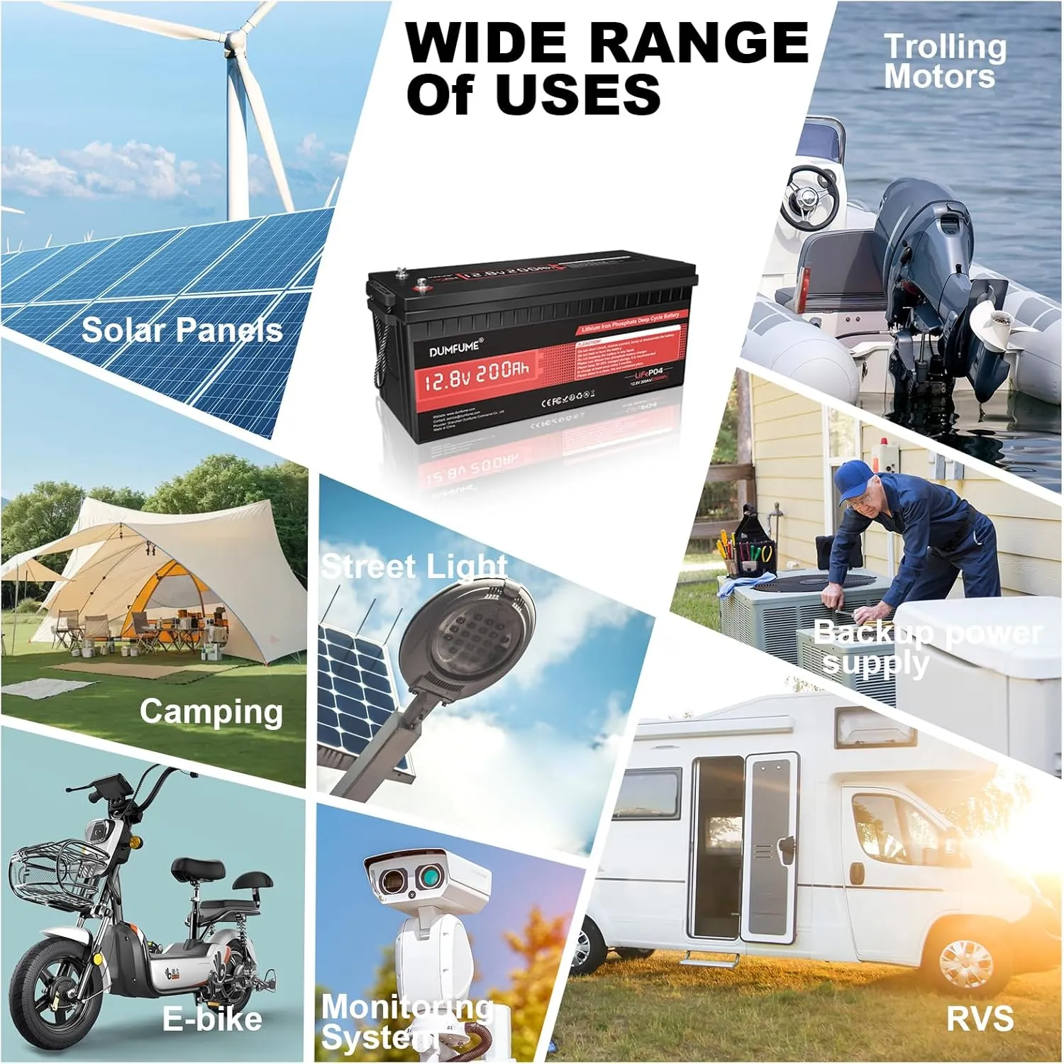 12V 200Ah LiFePO4 Lithium Battery,2560Wh Capacity,Built-in 200A BMS, 15000  Cycles,10-Year Lifespan, Ideal for RV, Solar Energy Storage,Trolling Motor and Off-Grid Camping