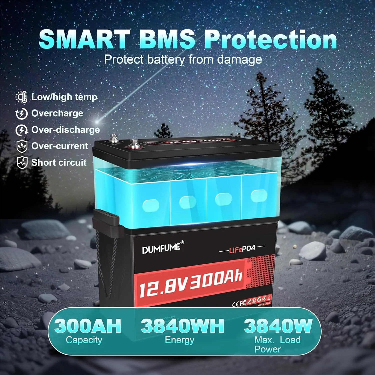 12V 300Ah Lithium LiFePO4 Battery,200A BMS 3840W Rechargeable Lithium Iron Phosphate Battery for Solar Energy Storage,Backup Power,RV,Camping