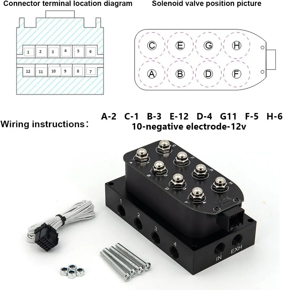 12V Air Ride Suspension Manifold Kit with 8 Air Ride Solenoid Valves, with 5M 9-switch Wired Remote Controller Can be used for Air Bag inflation and deflation