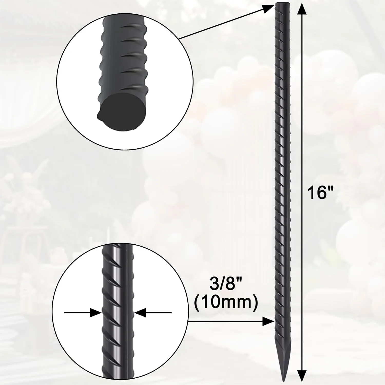 16 Inch Rebar Ground Stakes 20 Pack 3/8 Inch Diameter Straight Metal Stakes for Ground Heavy Duty with Chisel Point End Concrete Forming Spikes for Plant Support and Fence, Black