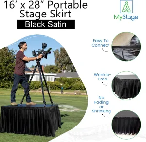 16’ x 28” MyStage Portable Stage Skirt - Black Satin Fire Resistant Fabric Adhesive for Events, Performances, & Wedding Staging, High-Quality Wrinkle-Free Platform Skirting Cloth - (Black)
