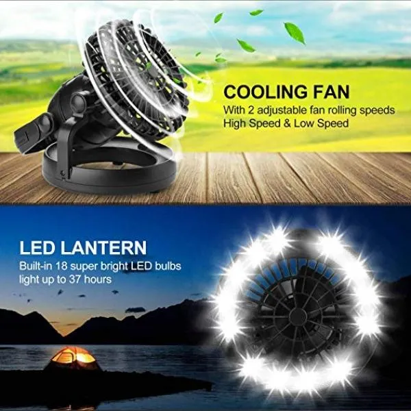 2-in-1 18 LED Camping Fan Light Tent Lamp Lantern with Ceiling Cooling Fan