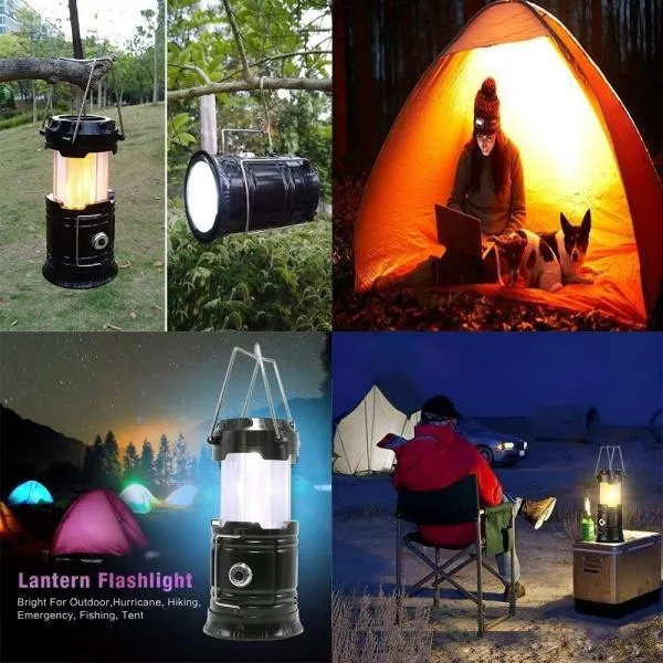 2 in1 Two Light Color Battery Powered Retractable Handheld Hanging Flame Lantern Camping Light - Black
