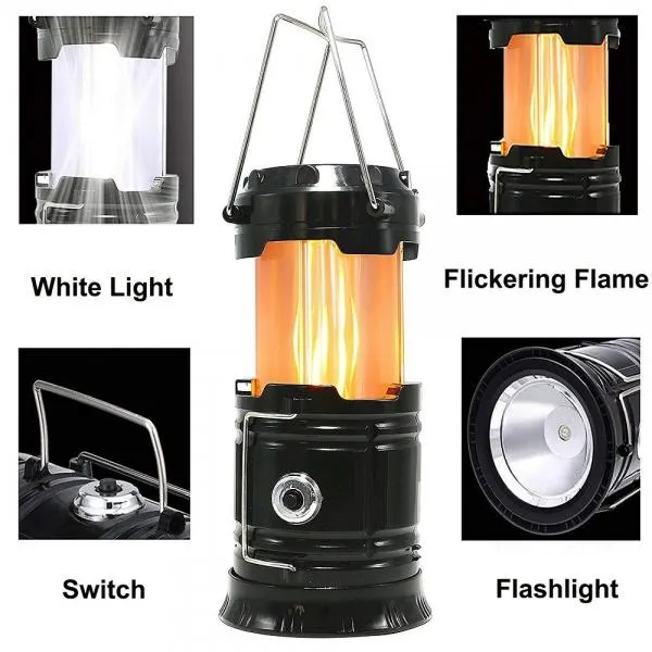 2 in1 Two Light Color Battery Powered Retractable Handheld Hanging Flame Lantern Camping Light - Black