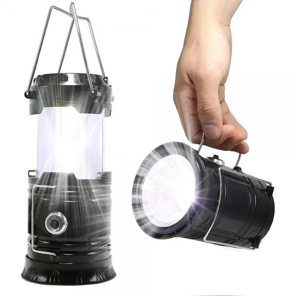 2 in1 Two Light Color Battery Powered Retractable Handheld Hanging Flame Lantern Camping Light - Black