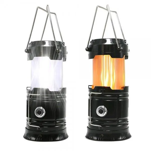 2 in1 Two Light Color Battery Powered Retractable Handheld Hanging Flame Lantern Camping Light - Black