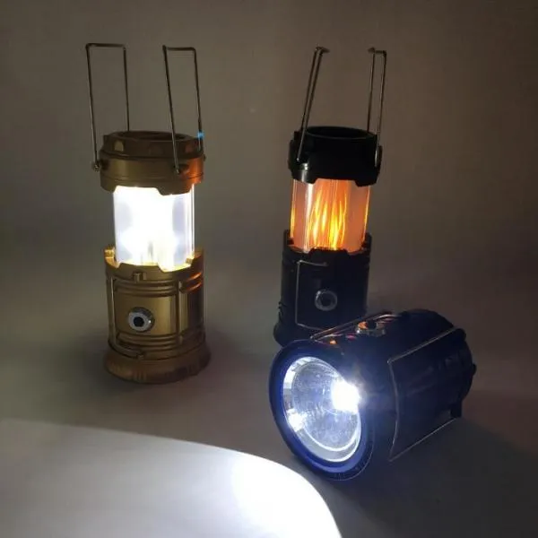 2 in1 Two Light Color Battery Powered Retractable Handheld Hanging Flame Lantern Camping Light - Golden