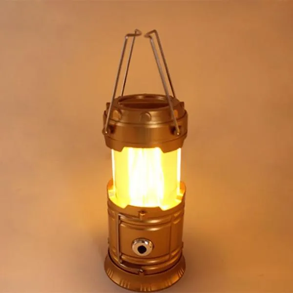 2 in1 Two Light Color Battery Powered Retractable Handheld Hanging Flame Lantern Camping Light - Golden