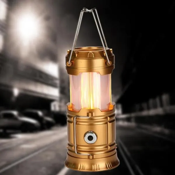 2 in1 Two Light Color Battery Powered Retractable Handheld Hanging Flame Lantern Camping Light - Golden