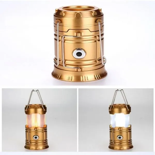 2 in1 Two Light Color Battery Powered Retractable Handheld Hanging Flame Lantern Camping Light - Golden