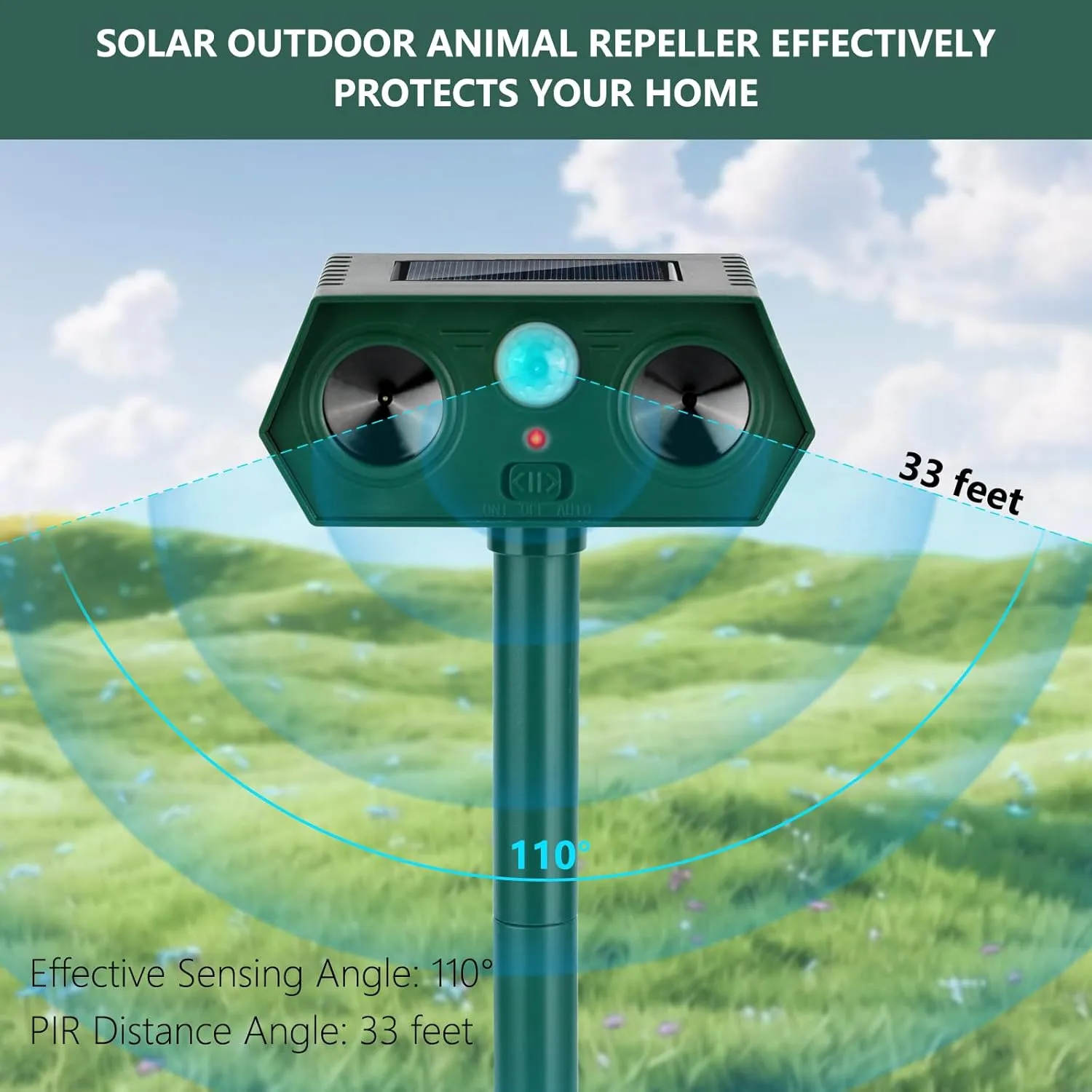 2 Pack 2025 Ultrasonic Animal Repellent Outdoor Cat Repellent Devices Solar Animal Repeller Motion Activated Deterrent to Scare Deer Squirrel Rabbit Raccoon Skunk for Yard Lawn Outdoor