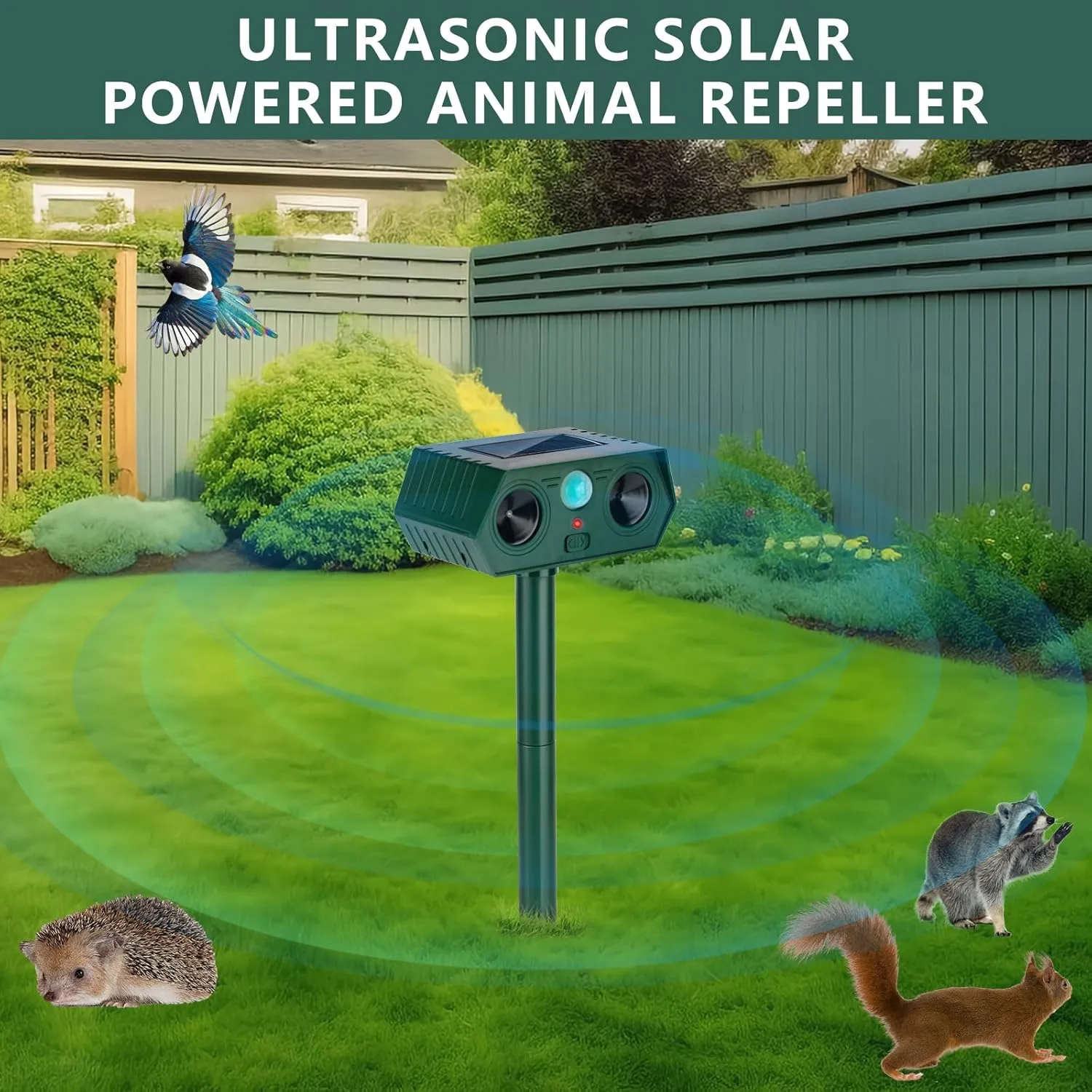 2 Pack 2025 Ultrasonic Animal Repellent Outdoor Cat Repellent Devices Solar Animal Repeller Motion Activated Deterrent to Scare Deer Squirrel Rabbit Raccoon Skunk for Yard Lawn Outdoor