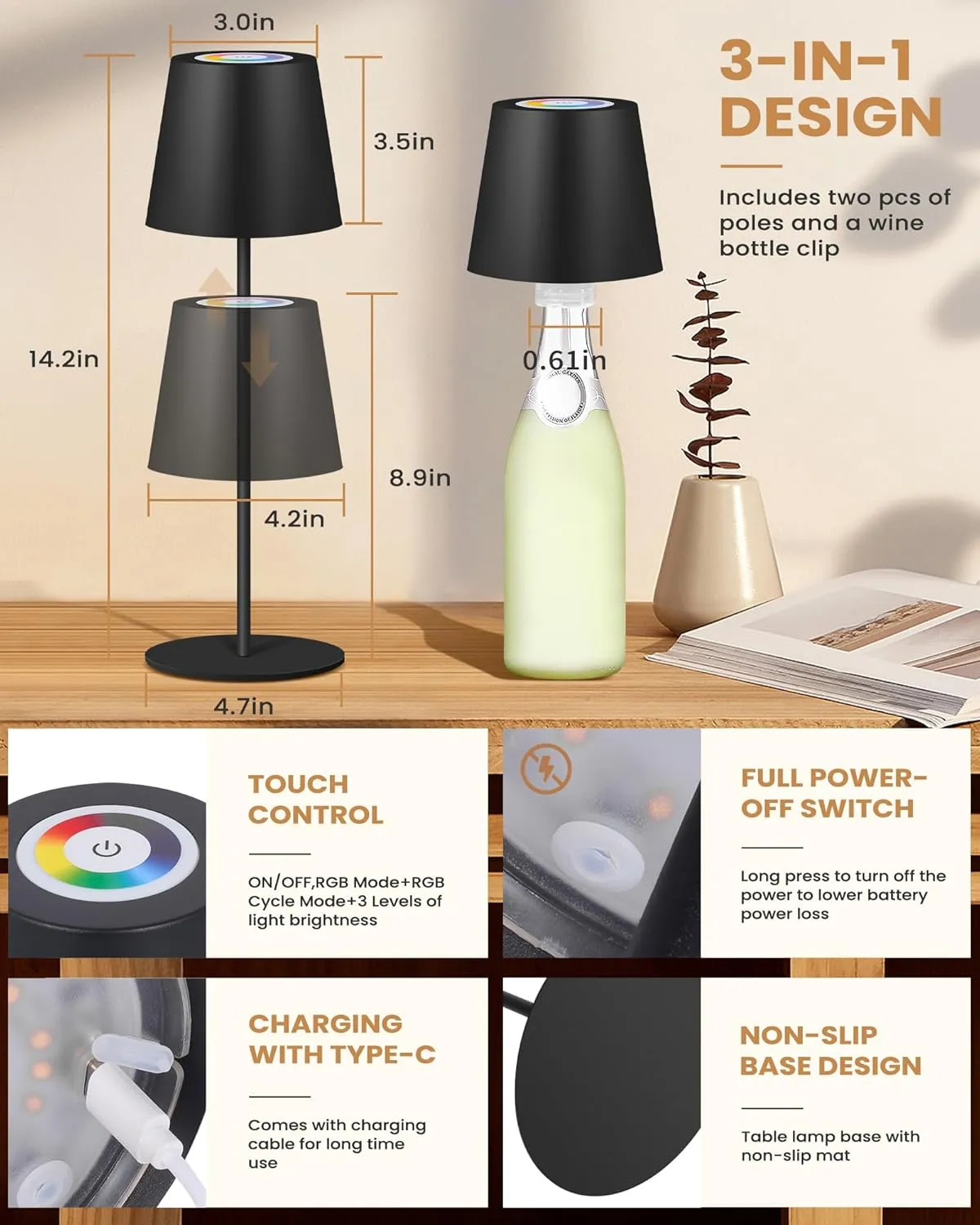 2 Pack Cordless RGB Table Lamp,Wireless Bottle Lamp,3 Level Dimming & RGB Cycle LED Portable Desk lamp,5000mAh Rechargeable Battery,Waterproof Outdoor,for Bedroom/Bars/Camping(Black)