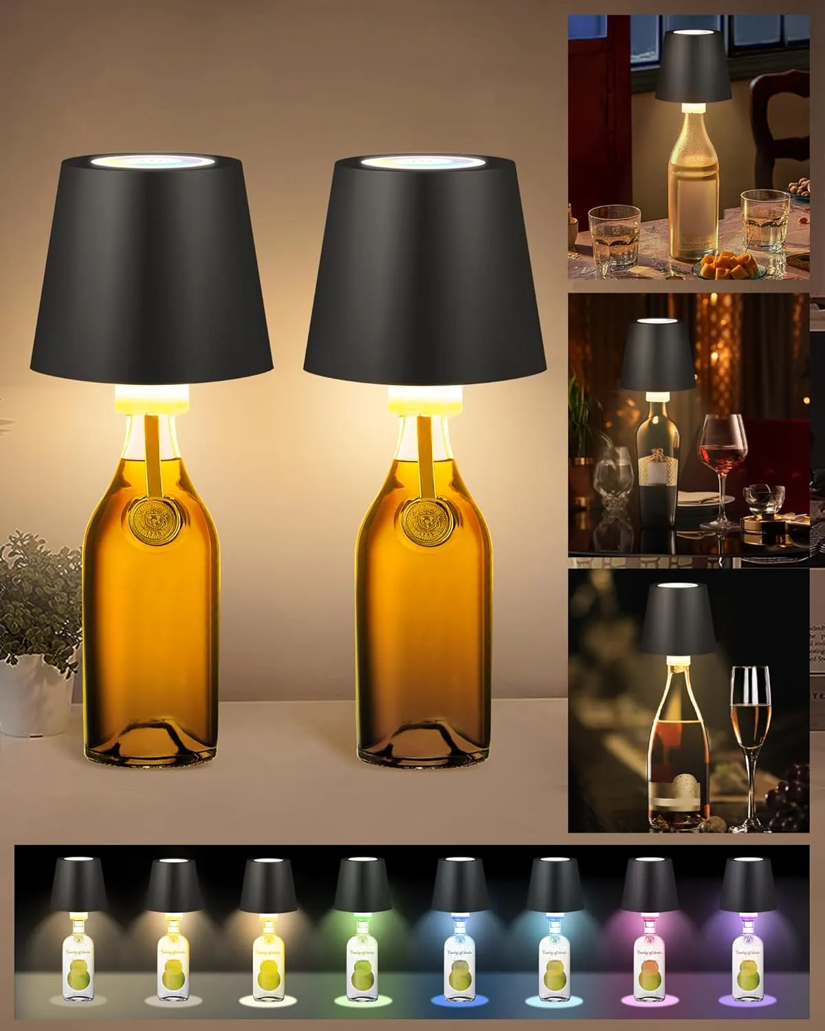 2 Pack Cordless RGB Table Lamp,Wireless Bottle Lamp,3 Level Dimming & RGB Cycle LED Portable Desk lamp,5000mAh Rechargeable Battery,Waterproof Outdoor,for Bedroom/Bars/Camping(Black)