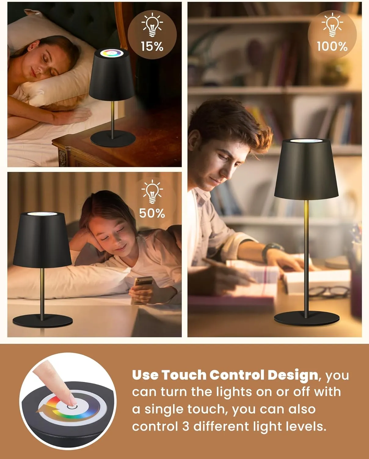 2 Pack Cordless RGB Table Lamp,Wireless Bottle Lamp,3 Level Dimming & RGB Cycle LED Portable Desk lamp,5000mAh Rechargeable Battery,Waterproof Outdoor,for Bedroom/Bars/Camping(Black)