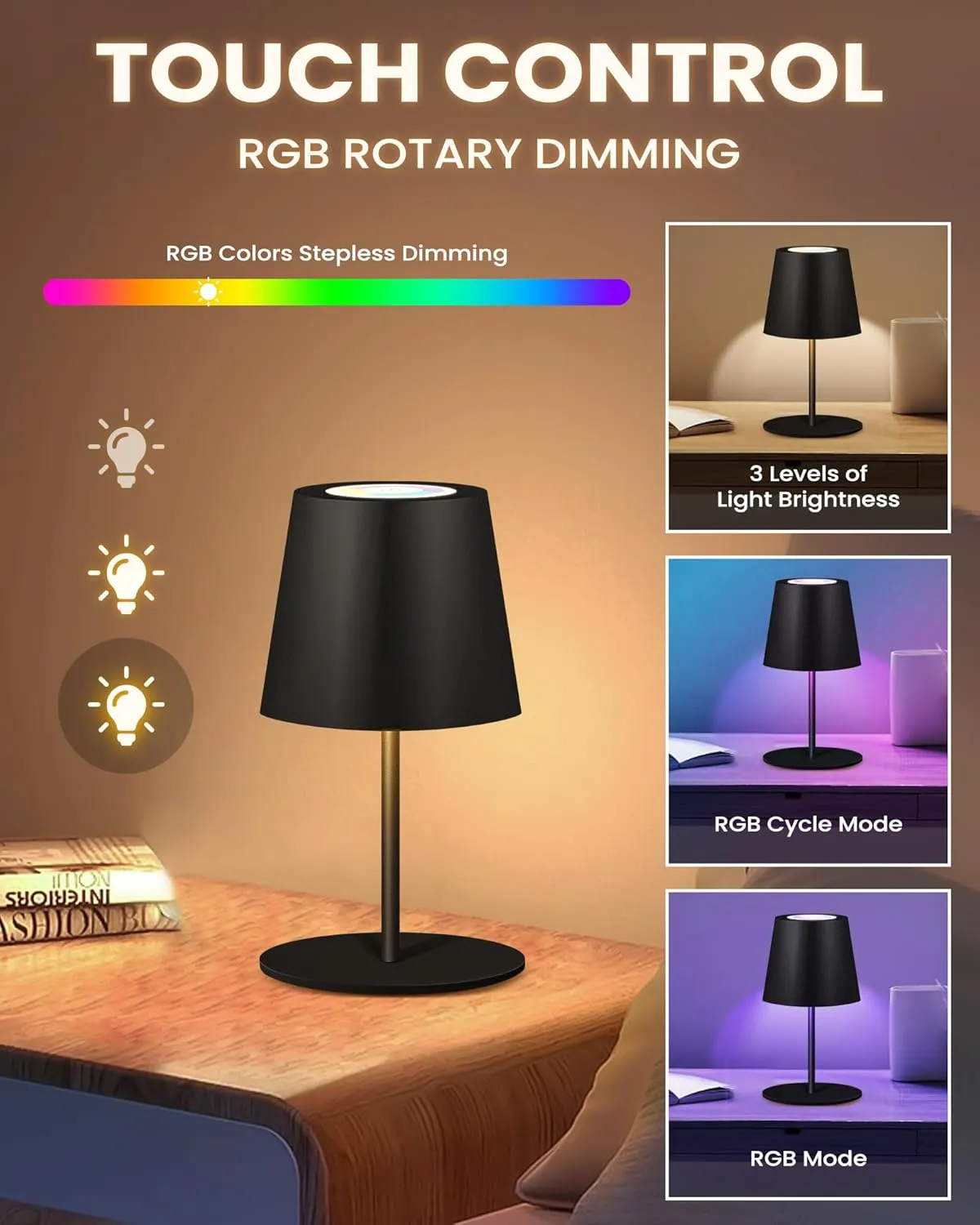 2 Pack Cordless RGB Table Lamp,Wireless Bottle Lamp,3 Level Dimming & RGB Cycle LED Portable Desk lamp,5000mAh Rechargeable Battery,Waterproof Outdoor,for Bedroom/Bars/Camping(Black)