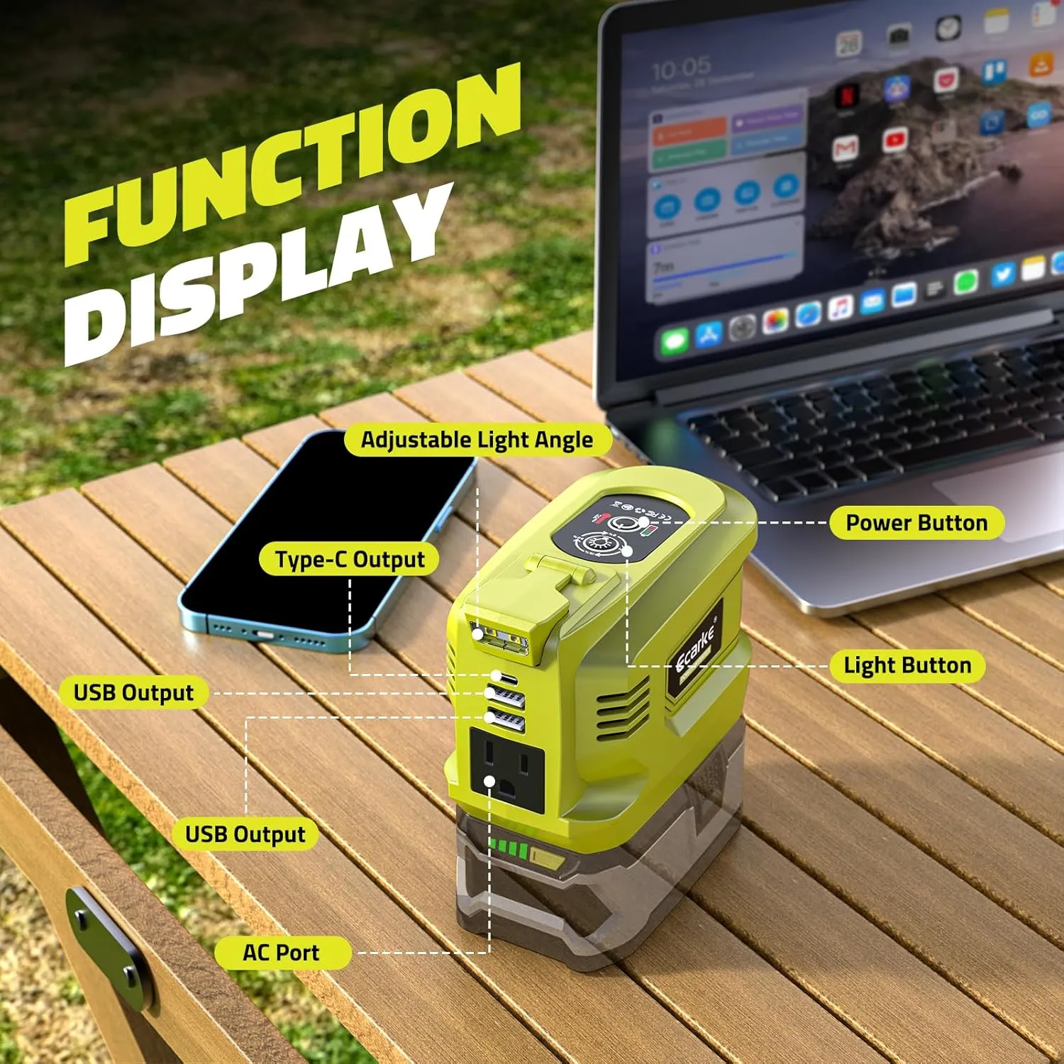 200W Portable Power Inverter for Ryobi 18V,Ecarke Outdoor Generato Battery Converter with 2 USB&LED&AC Battery Powered Outlet,Convert DC 18V/20V to AC 110V-120V Portable Power Station(Tool Only)