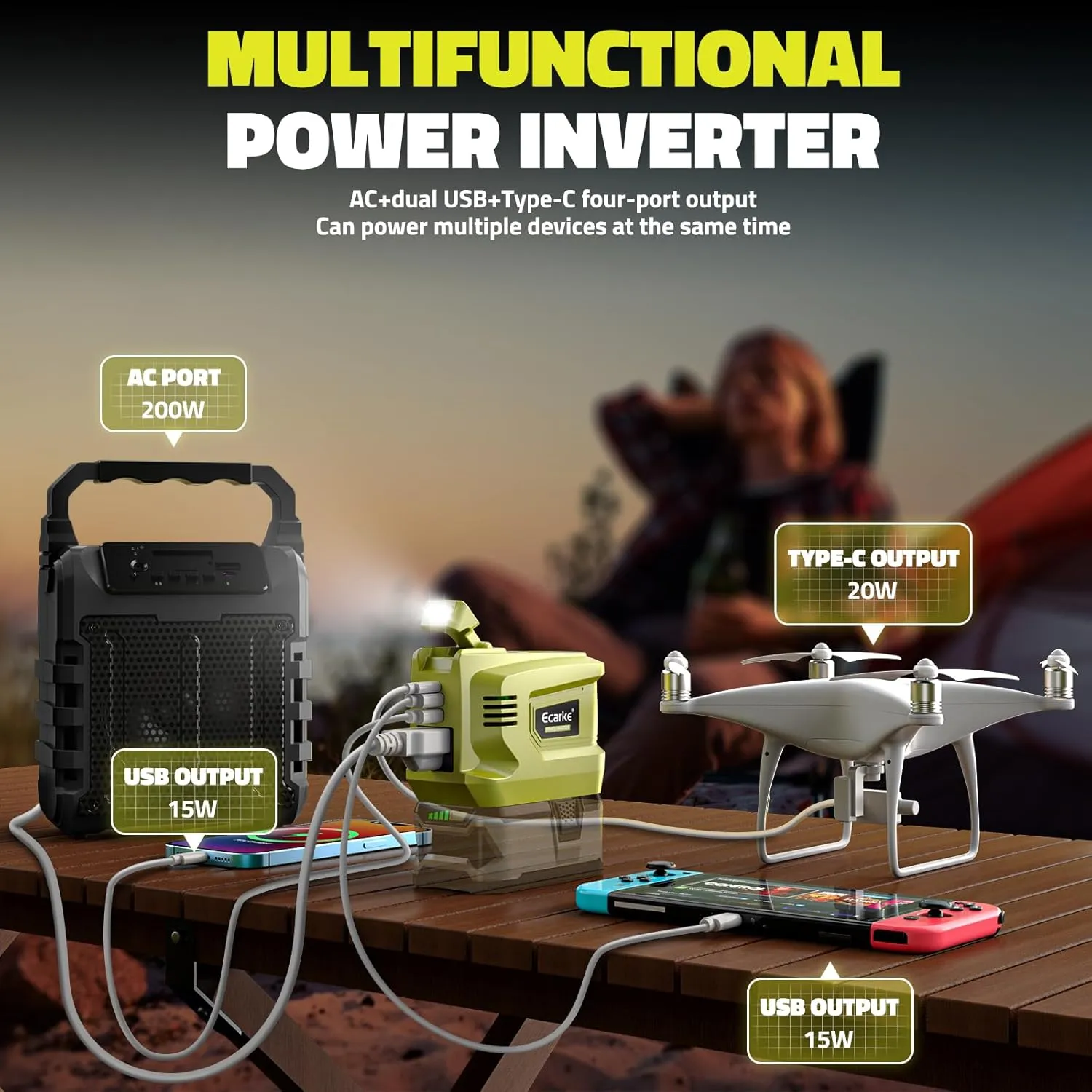 200W Portable Power Inverter for Ryobi 18V,Ecarke Outdoor Generato Battery Converter with 2 USB&LED&AC Battery Powered Outlet,Convert DC 18V/20V to AC 110V-120V Portable Power Station(Tool Only)