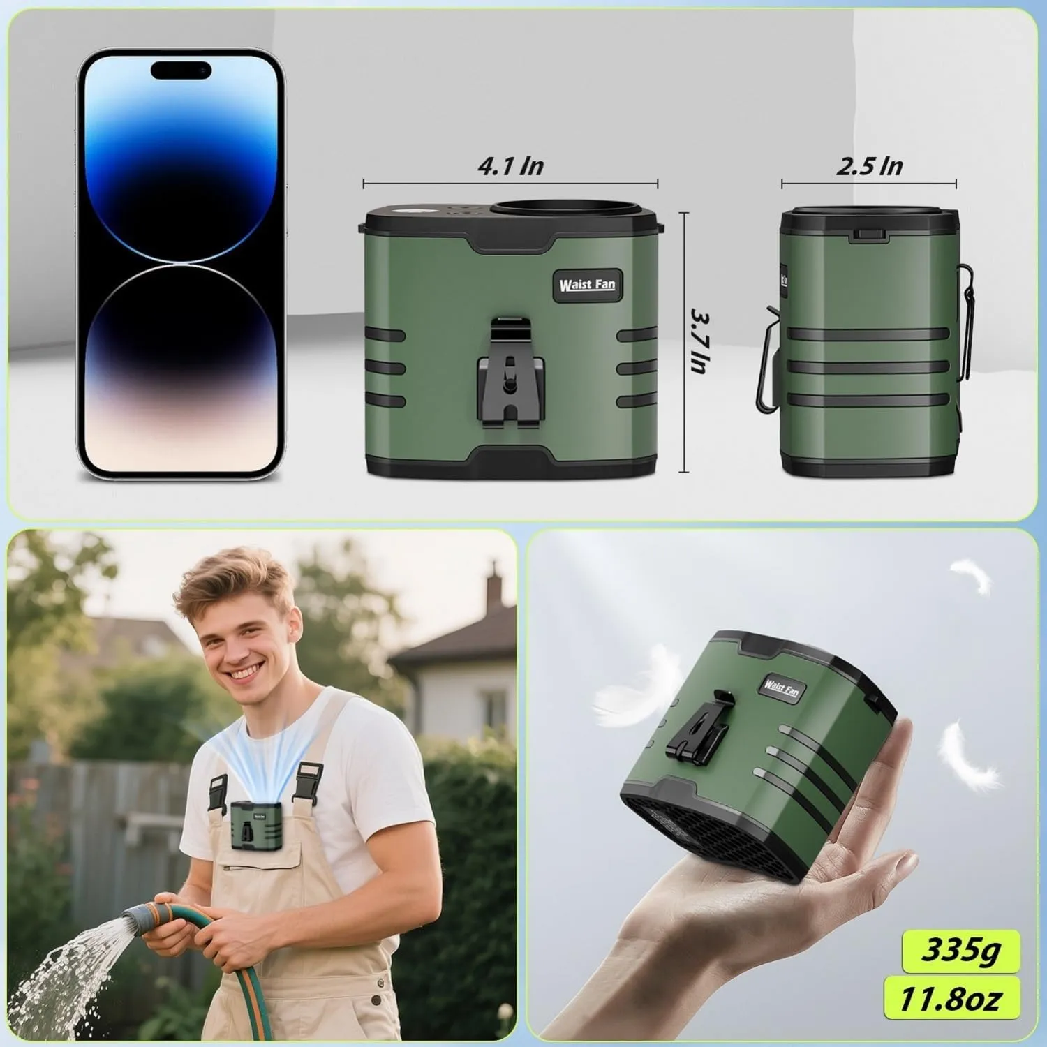 2025 AI Waist Fan Portable, Rechargeable Belt Fan Clip On with Flashlight, 10000mAh, 35H Run Time, 10 Speed, Wearable, Personal Hanging Neck Fan for Travel, Hiking, Camping, Fishing, Father Dad Gifts