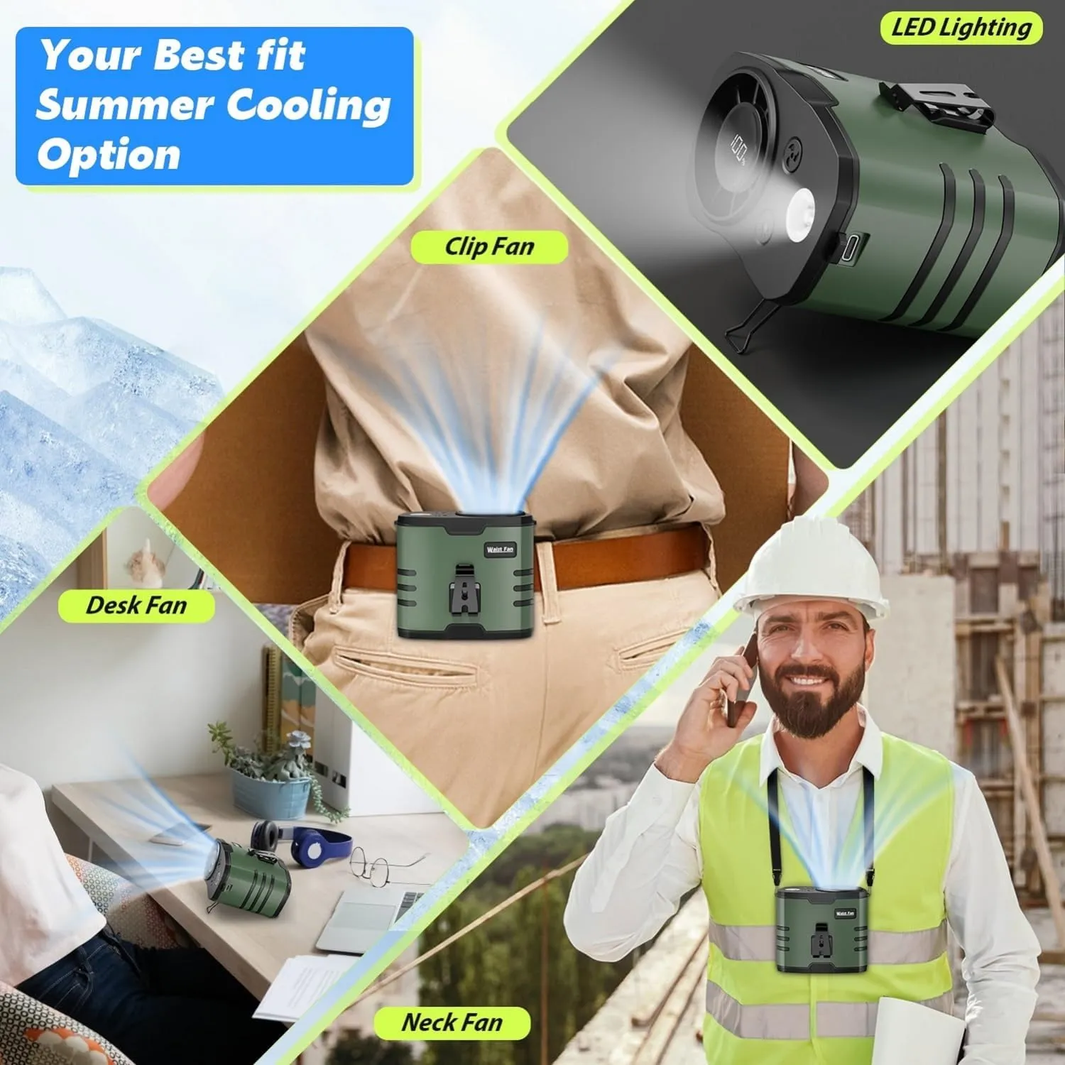 2025 AI Waist Fan Portable, Rechargeable Belt Fan Clip On with Flashlight, 10000mAh, 35H Run Time, 10 Speed, Wearable, Personal Hanging Neck Fan for Travel, Hiking, Camping, Fishing, Father Dad Gifts