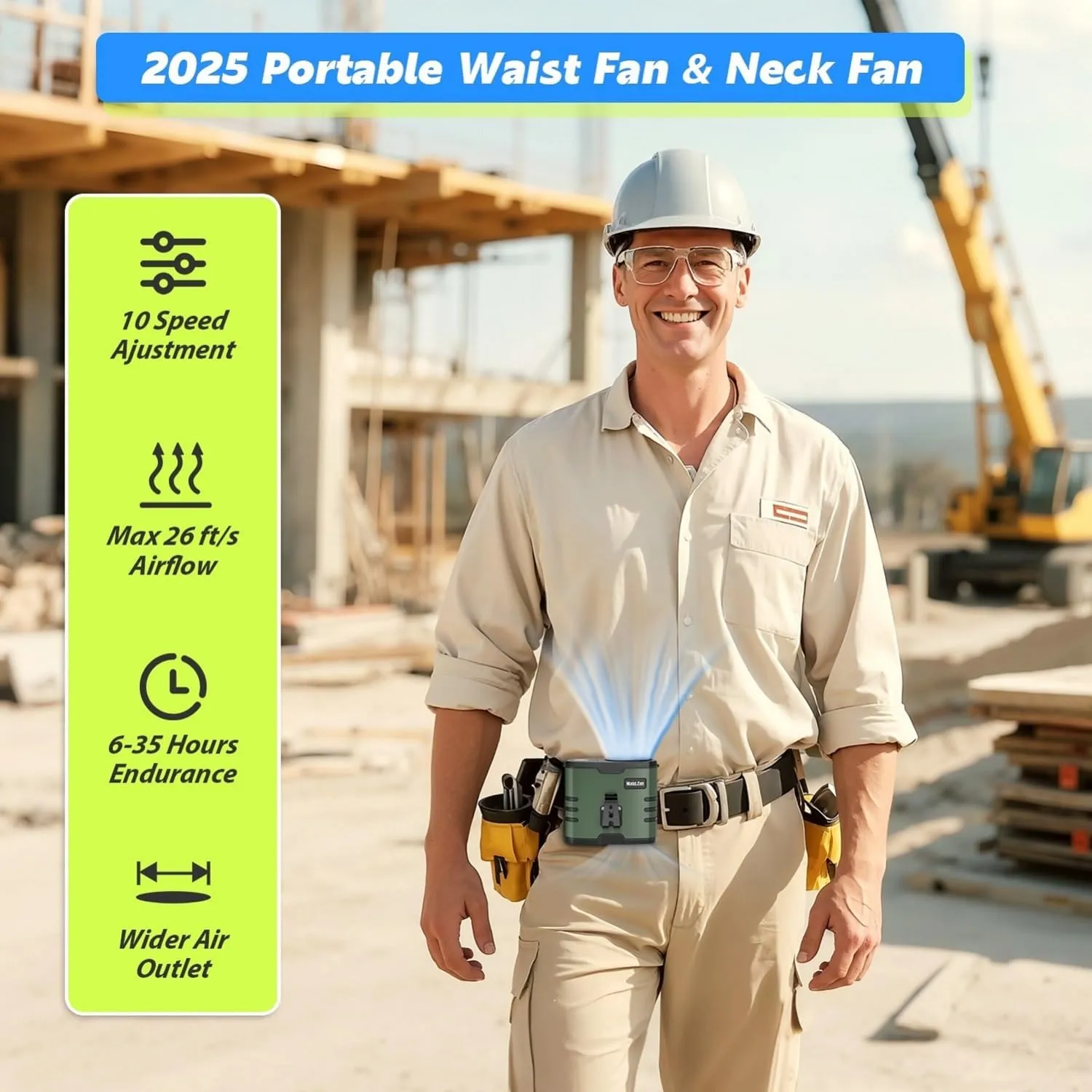 2025 AI Waist Fan Portable, Rechargeable Belt Fan Clip On with Flashlight, 10000mAh, 35H Run Time, 10 Speed, Wearable, Personal Hanging Neck Fan for Travel, Hiking, Camping, Fishing, Father Dad Gifts