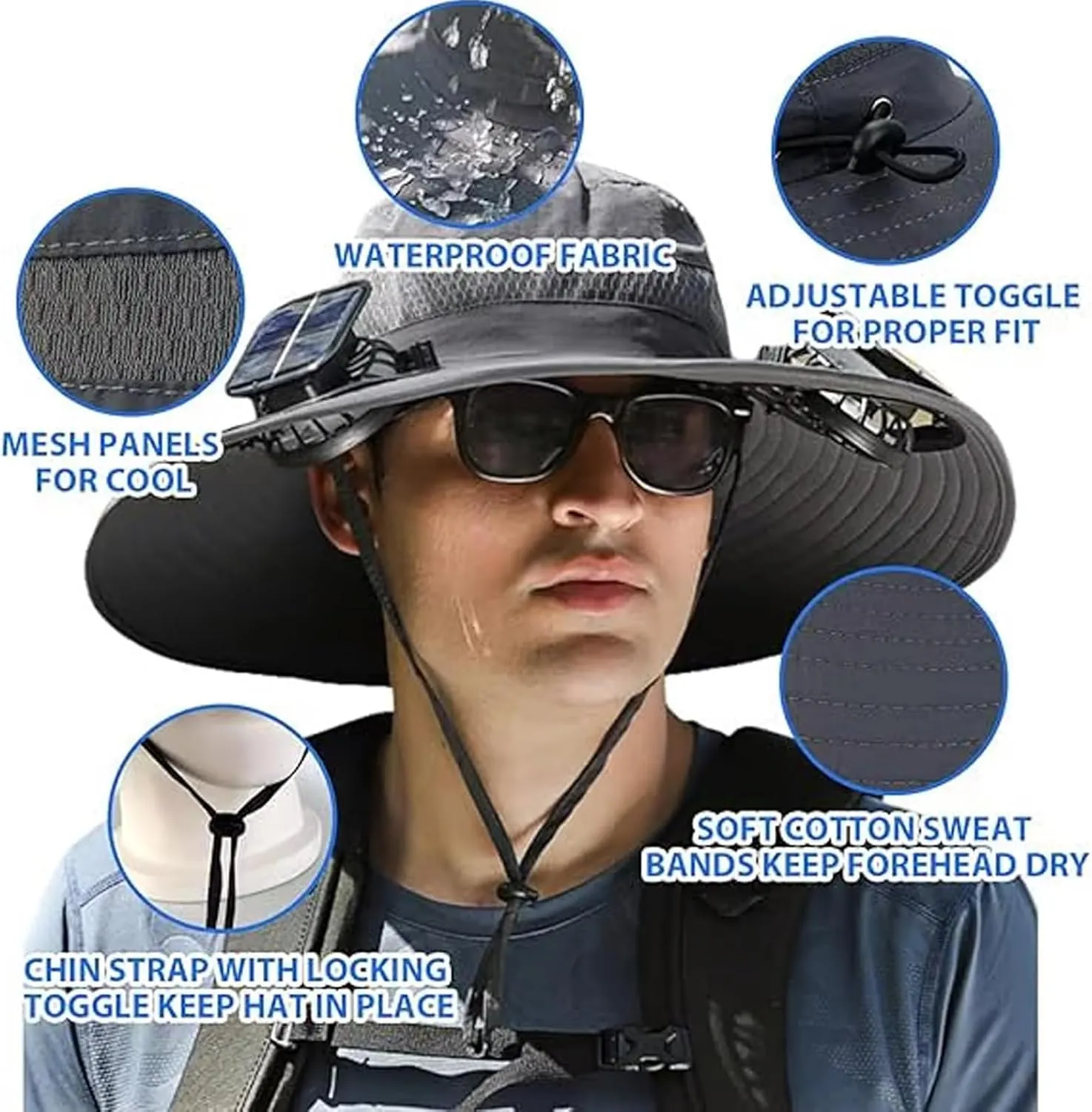 2025 New Ultralight Solar Fan Sun Hat, Wide Brim Solar Fan Hat USB Charging, for Men Outdoor Fishing Camping UPF 50 