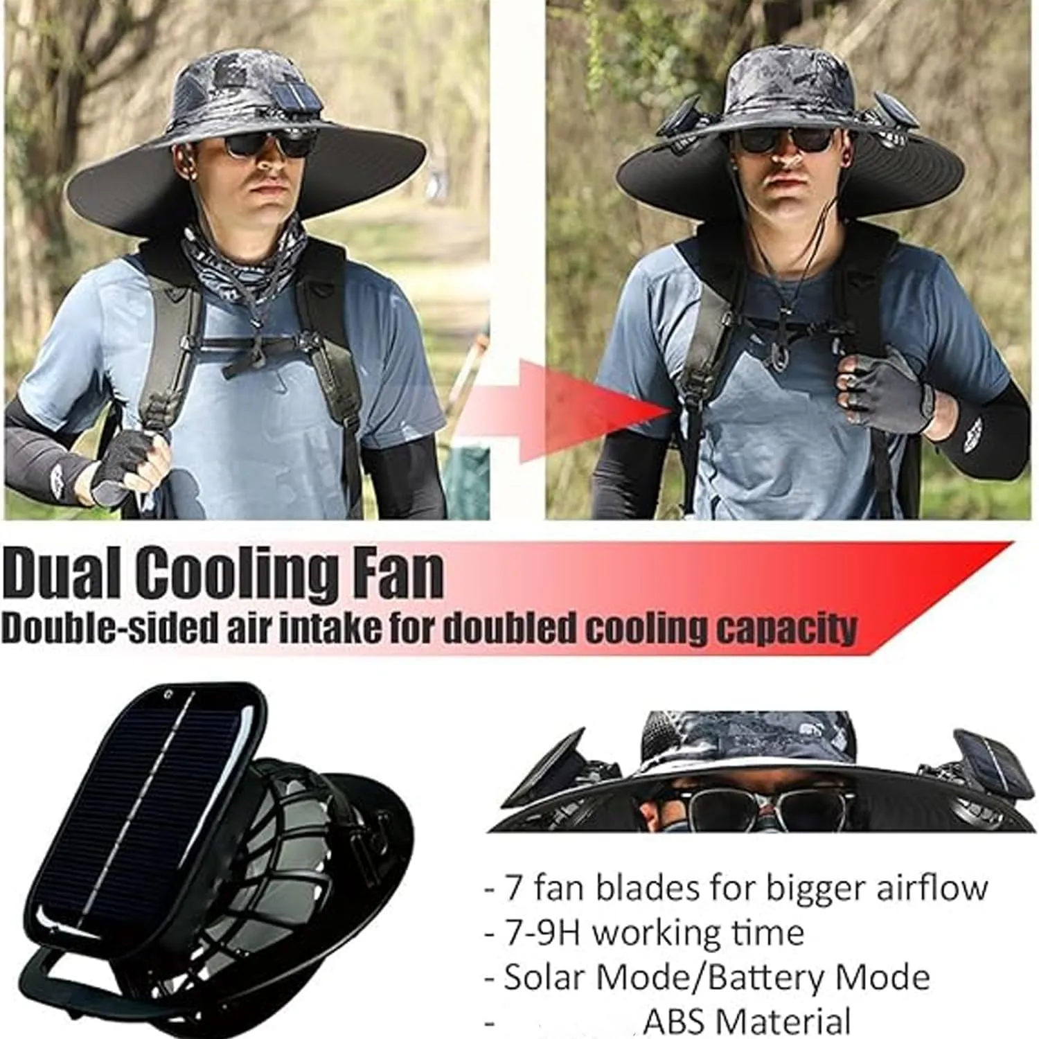 2025 New Ultralight Solar Fan Sun Hat, Wide Brim Solar Fan Hat USB Charging, for Men Outdoor Fishing Camping UPF 50 