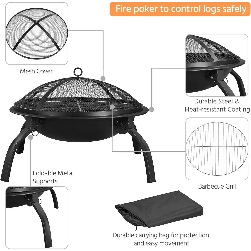 21-Inch Portable Folding Steel Fire Pit with Carrying Bag and BBQ Grill for Outdoor Use