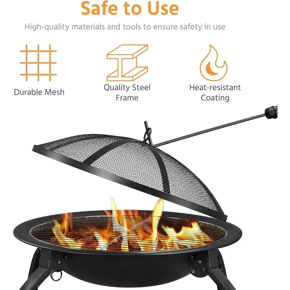 21-Inch Portable Folding Steel Fire Pit with Carrying Bag and BBQ Grill for Outdoor Use