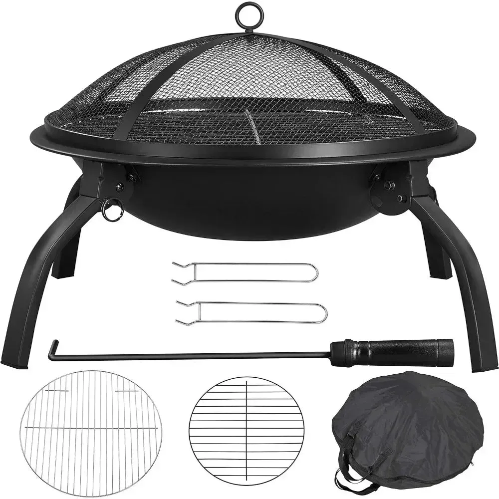 21-Inch Portable Folding Steel Fire Pit with Carrying Bag and BBQ Grill for Outdoor Use