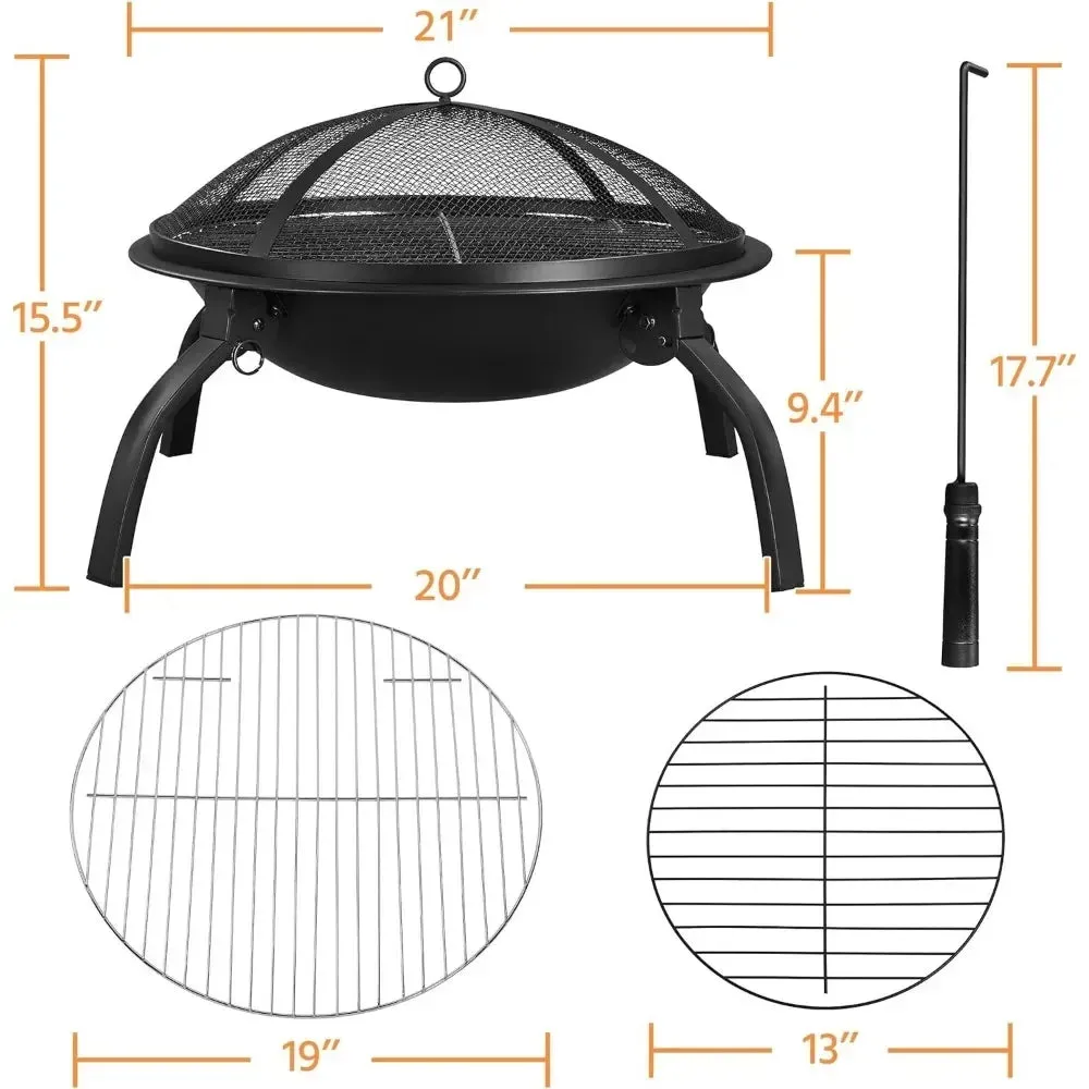21-Inch Portable Folding Steel Fire Pit with Carrying Bag and BBQ Grill for Outdoor Use