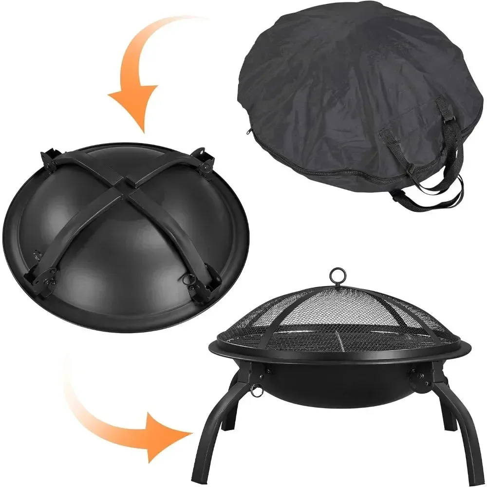21-Inch Portable Folding Steel Fire Pit with Carrying Bag and BBQ Grill for Outdoor Use