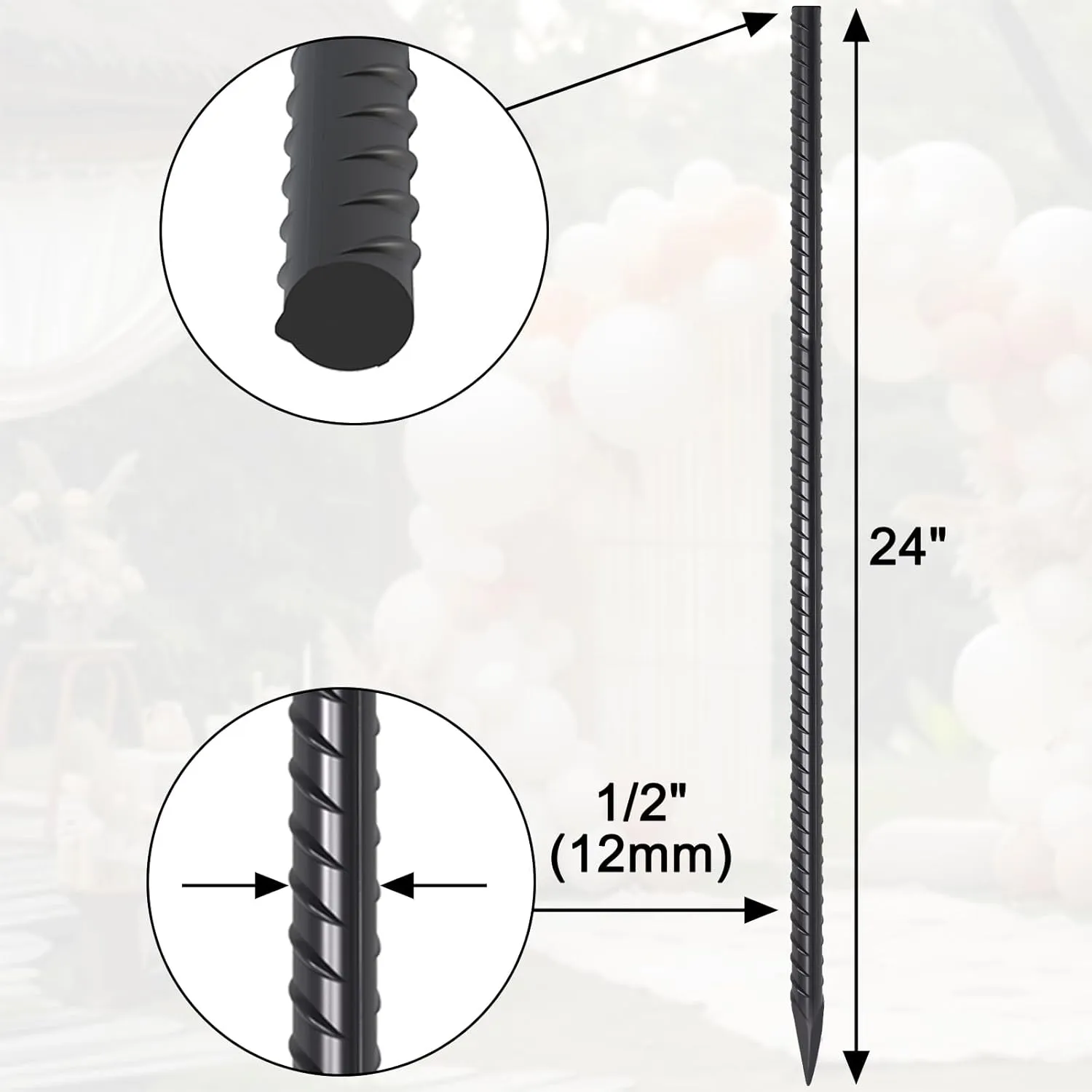 24 Pack Straight Rebar Stakes 24 Inch Metal Stakes for Ground Heavy Duty with Chisel Point End 1/2 Inch Diameter Landscape Timber Spikes for Plant Support, Concrete Form and Fence, Black