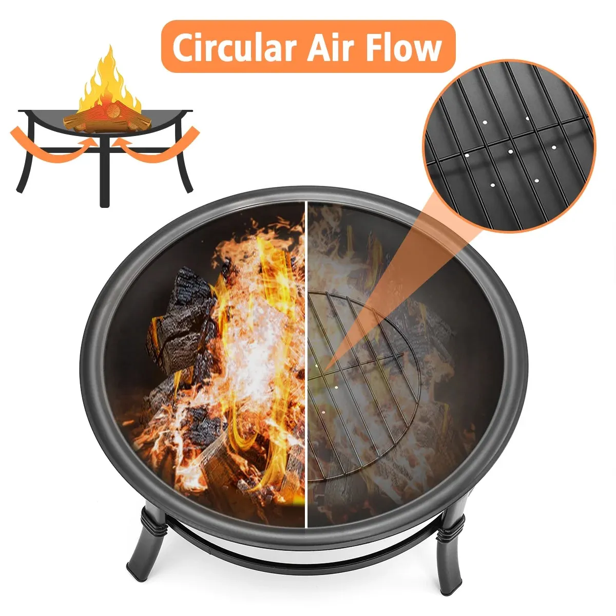 26 Inch Fire Pit for Outdoor round Wood Burning Fire Pit Bowl for Camping Picnic Bonfire Patio outside Backyard Garden Small Bonfire Pit Steel Firepit Bowl with Mesh Screen and Fire Poker