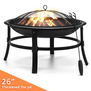 26 Inch Fire Pit for Outdoor round Wood Burning Fire Pit Bowl for Camping Picnic Bonfire Patio outside Backyard Garden Small Bonfire Pit Steel Firepit Bowl with Mesh Screen and Fire Poker