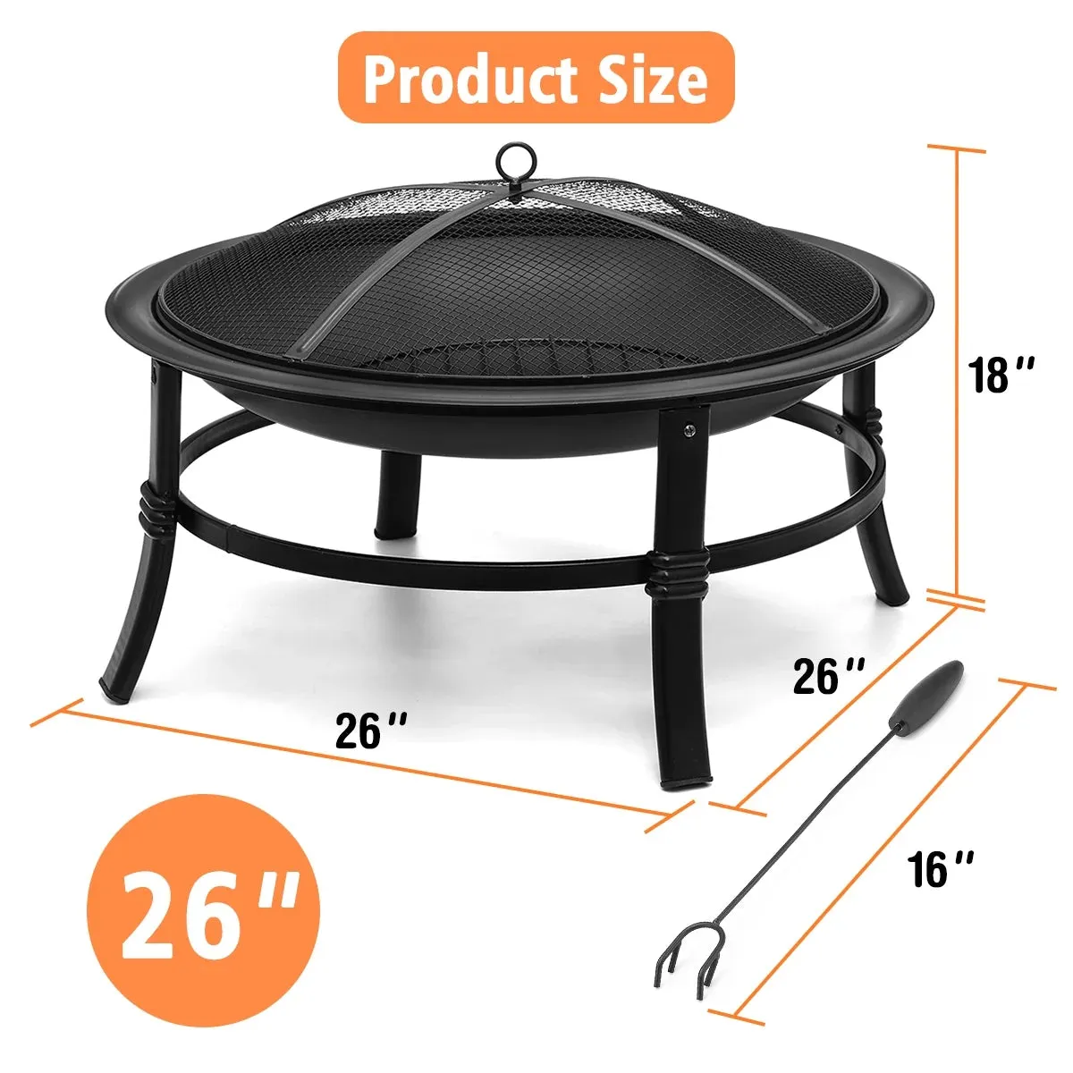 26 Inch Fire Pit for Outdoor round Wood Burning Fire Pit Bowl for Camping Picnic Bonfire Patio outside Backyard Garden Small Bonfire Pit Steel Firepit Bowl with Mesh Screen and Fire Poker