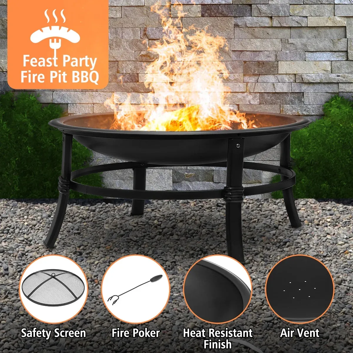 26 Inch Fire Pit for Outdoor round Wood Burning Fire Pit Bowl for Camping Picnic Bonfire Patio outside Backyard Garden Small Bonfire Pit Steel Firepit Bowl with Mesh Screen and Fire Poker