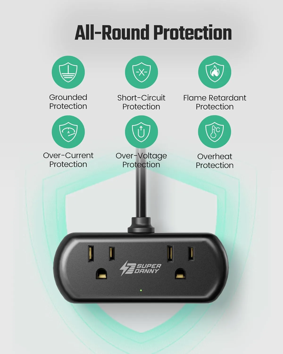 2Ft Extension Cord, SUPERDANNY Mini Surge Protector with 2 Wide-Spaced Outlets, USB Power Strip, 3 USB-A 1 USB-C, Flat Plug, Compact Size Desktop Charging Station Travel, Home, Office, Black