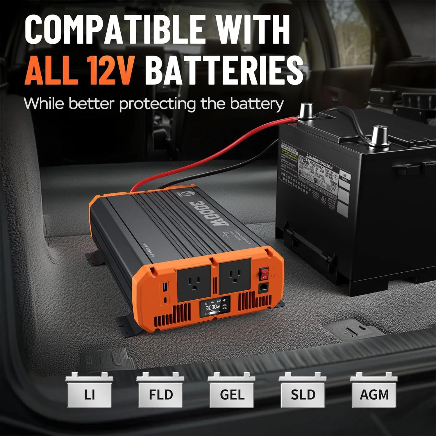 3000W Pure Sine Wave Power Inverter 12V DC to 110V/120V AC Converter with USB & Type-C Port, Dual AC Outlets and LCD Display, Remote Controller for Vehicle/Home/RV/Truck Off-Grid Solar System