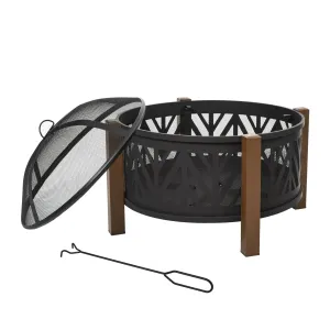 31" Outdoor Fire pit, 2-in-1 Round Firepit Brazier with Lid, BBQ Grill & Poker, Black