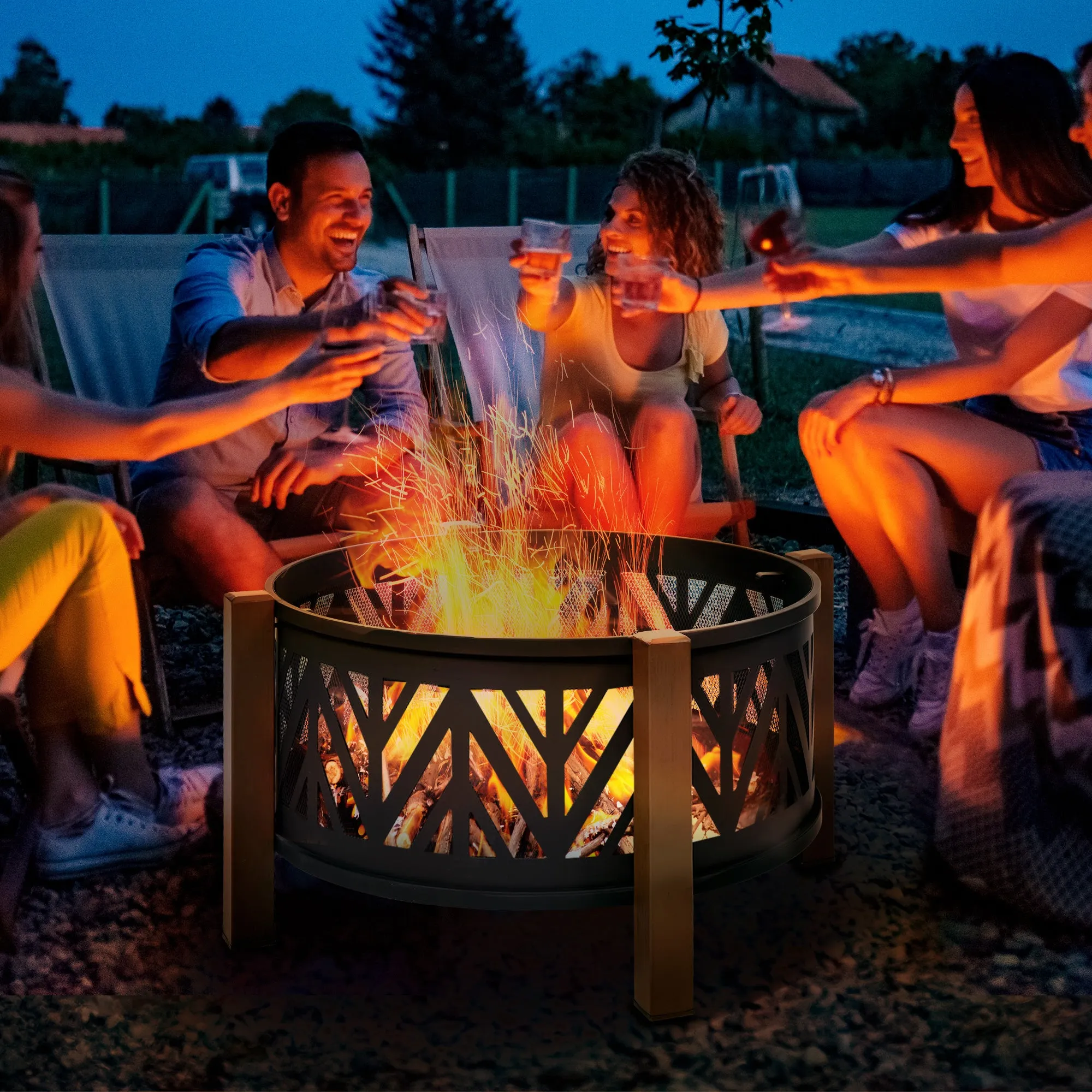 31" Outdoor Fire pit, 2-in-1 Round Firepit Brazier with Lid, BBQ Grill & Poker, Black