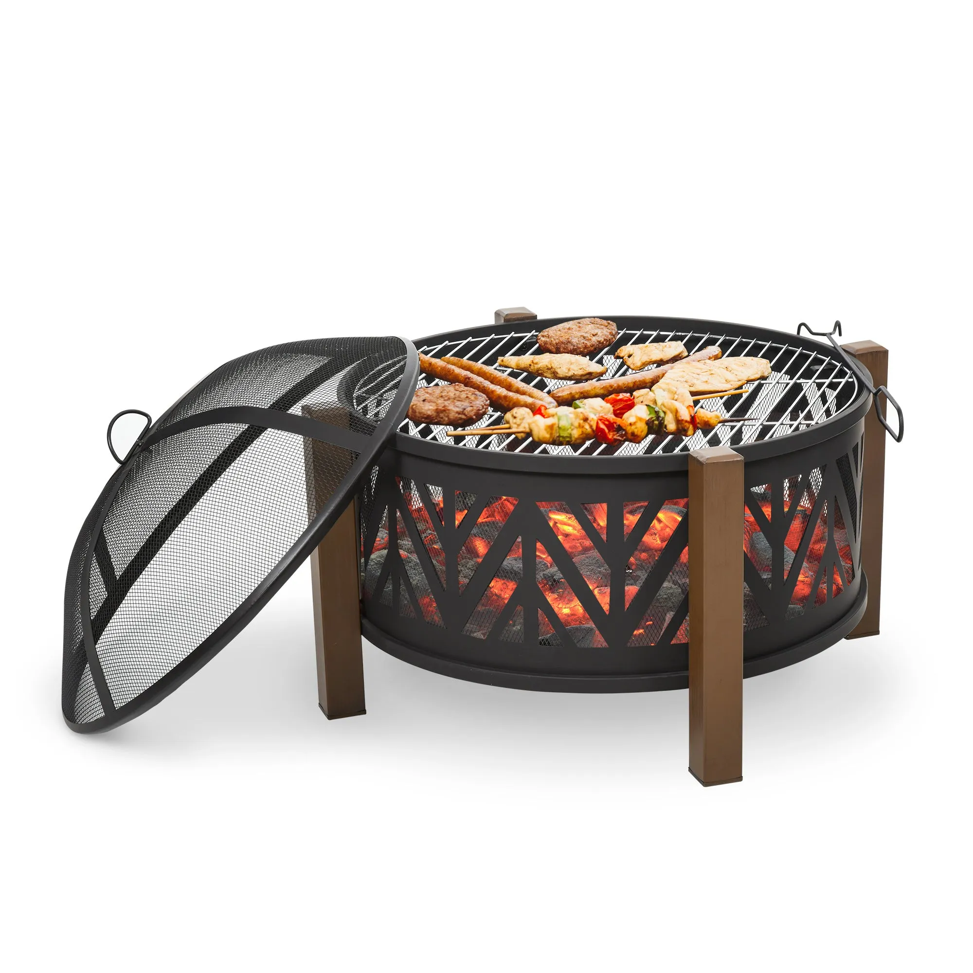 31" Outdoor Fire pit, 2-in-1 Round Firepit Brazier with Lid, BBQ Grill & Poker, Black
