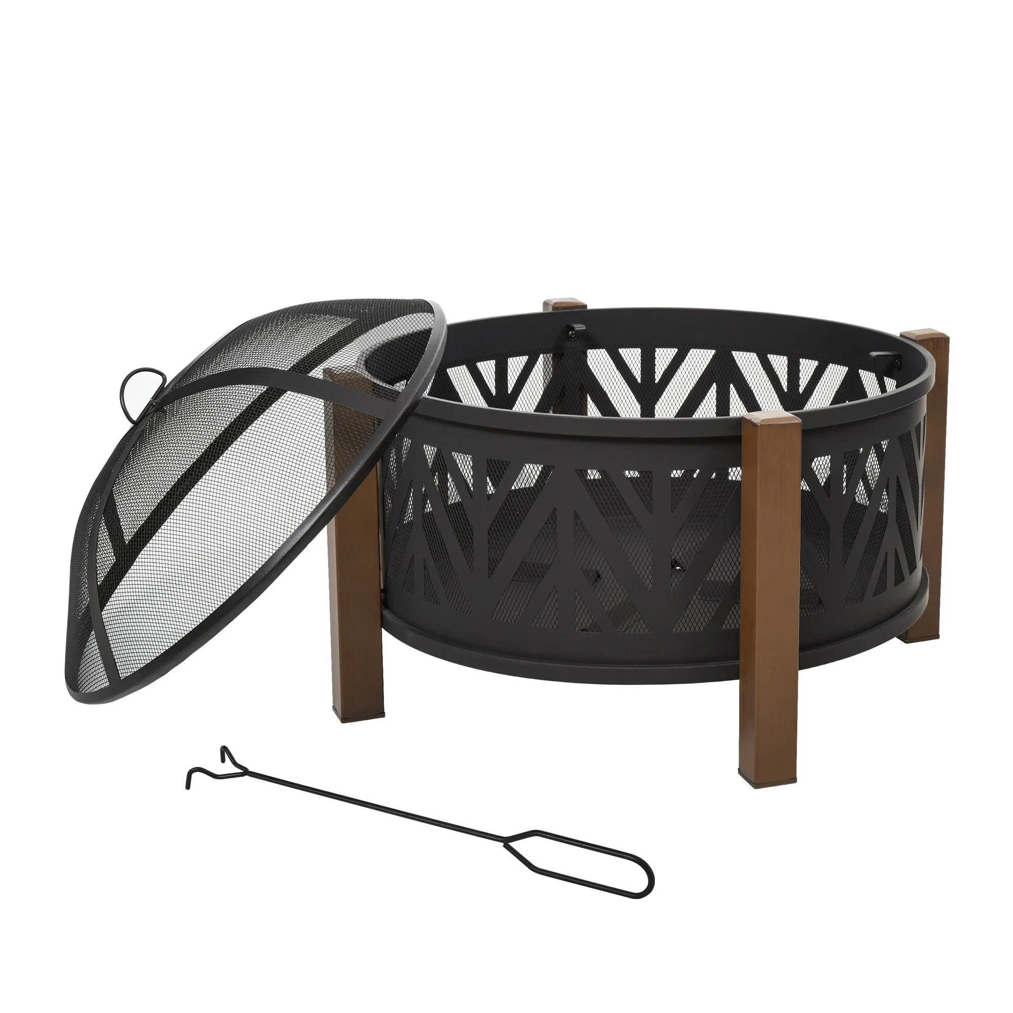 31" Outdoor Fire pit, 2-in-1 Round Firepit Brazier with Lid, BBQ Grill & Poker, Black