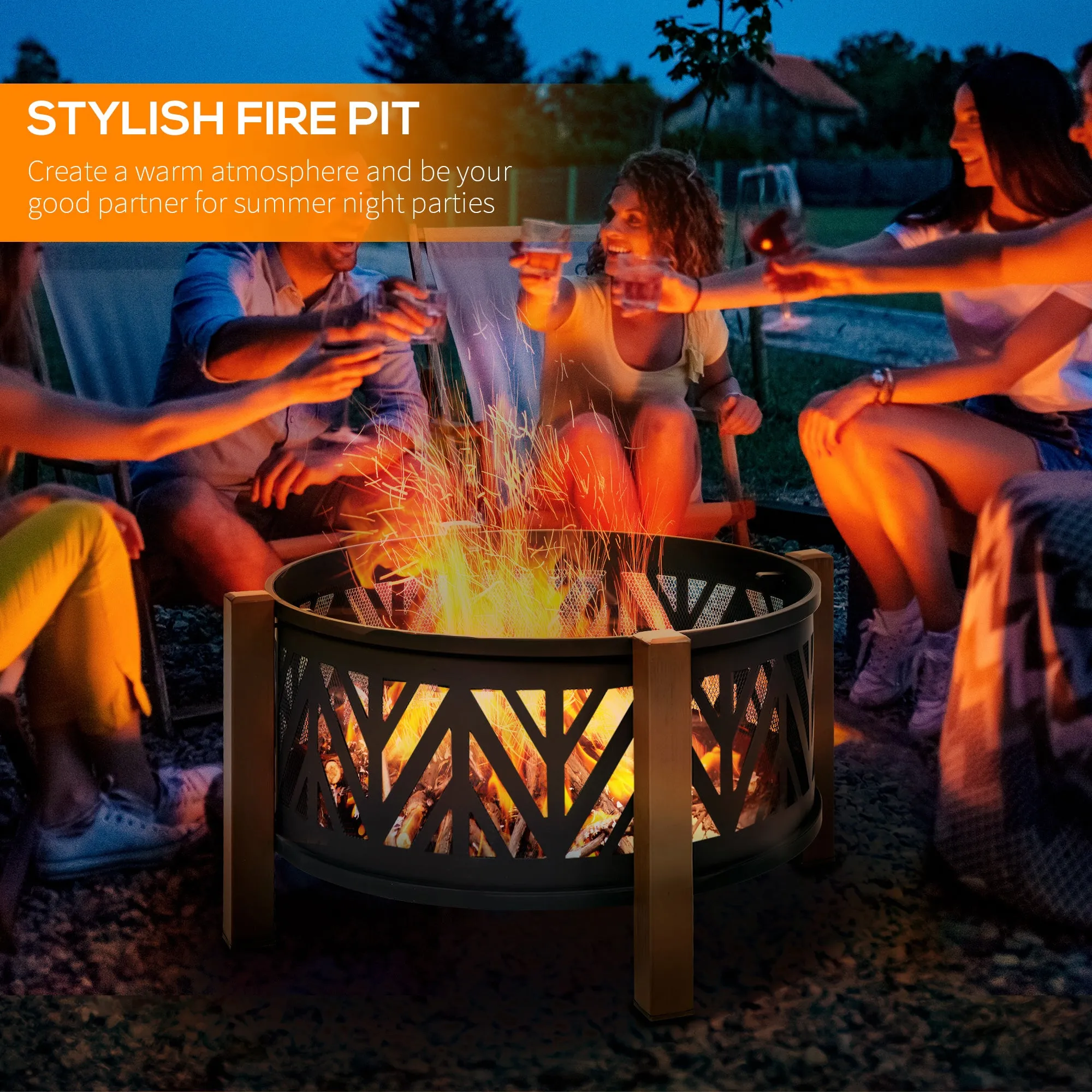 31" Outdoor Fire pit, 2-in-1 Round Firepit Brazier with Lid, BBQ Grill & Poker, Black