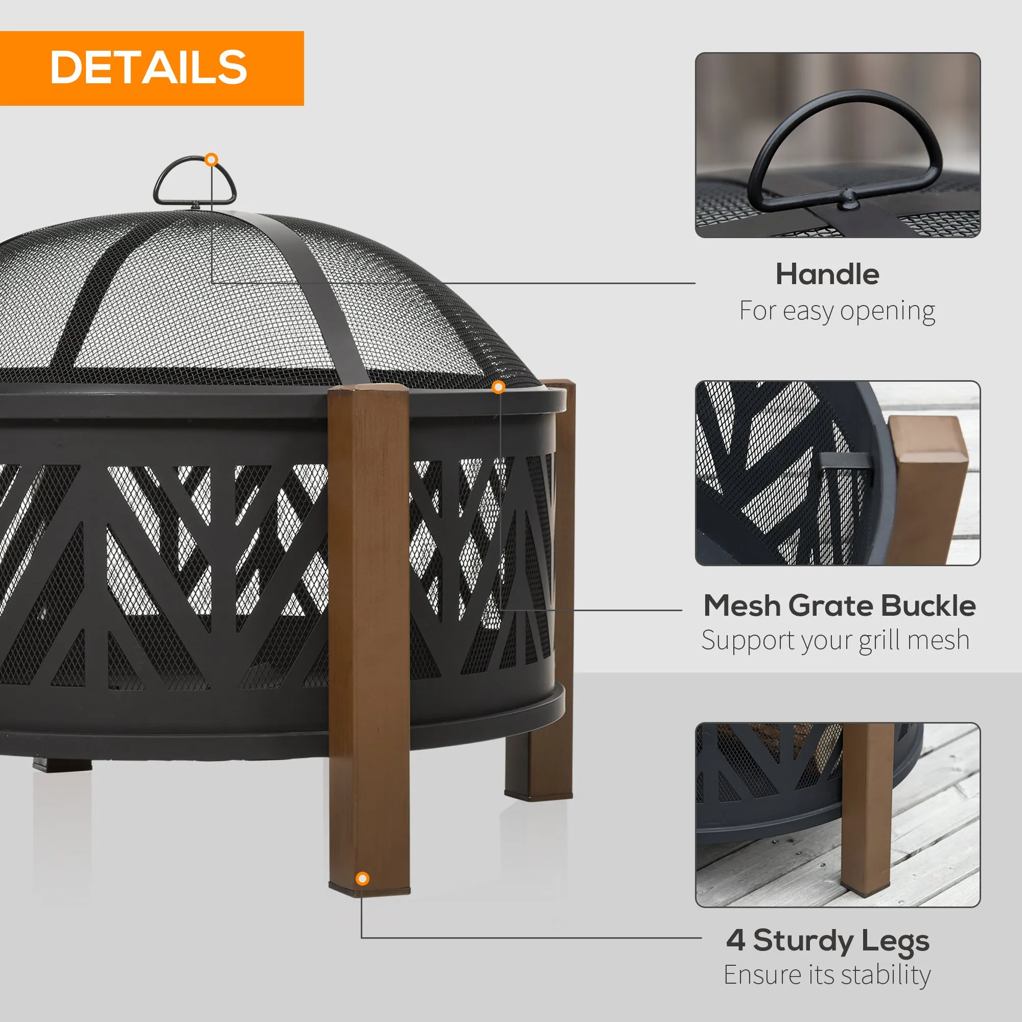 31" Outdoor Fire pit, 2-in-1 Round Firepit Brazier with Lid, BBQ Grill & Poker, Black