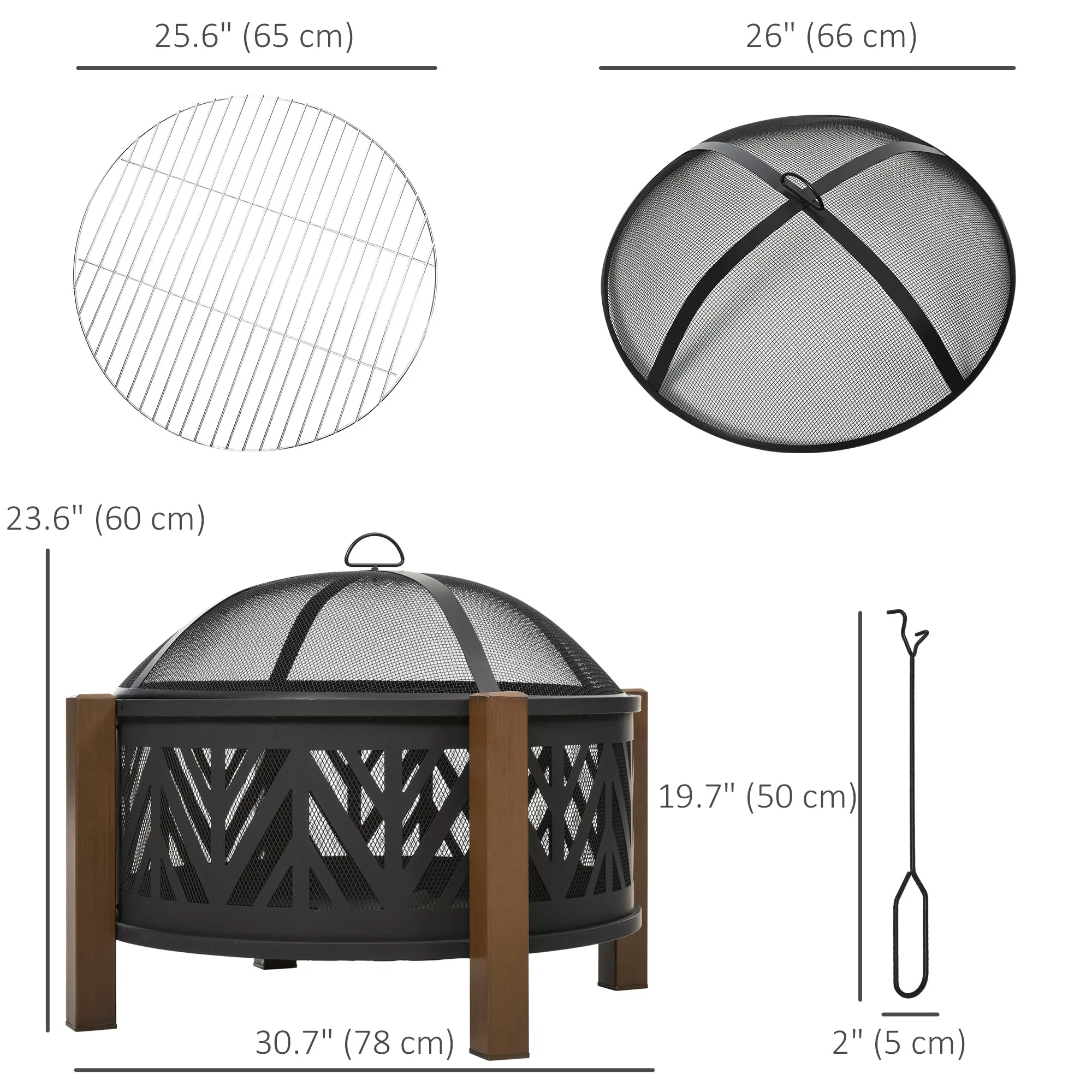 31" Outdoor Fire pit, 2-in-1 Round Firepit Brazier with Lid, BBQ Grill & Poker, Black